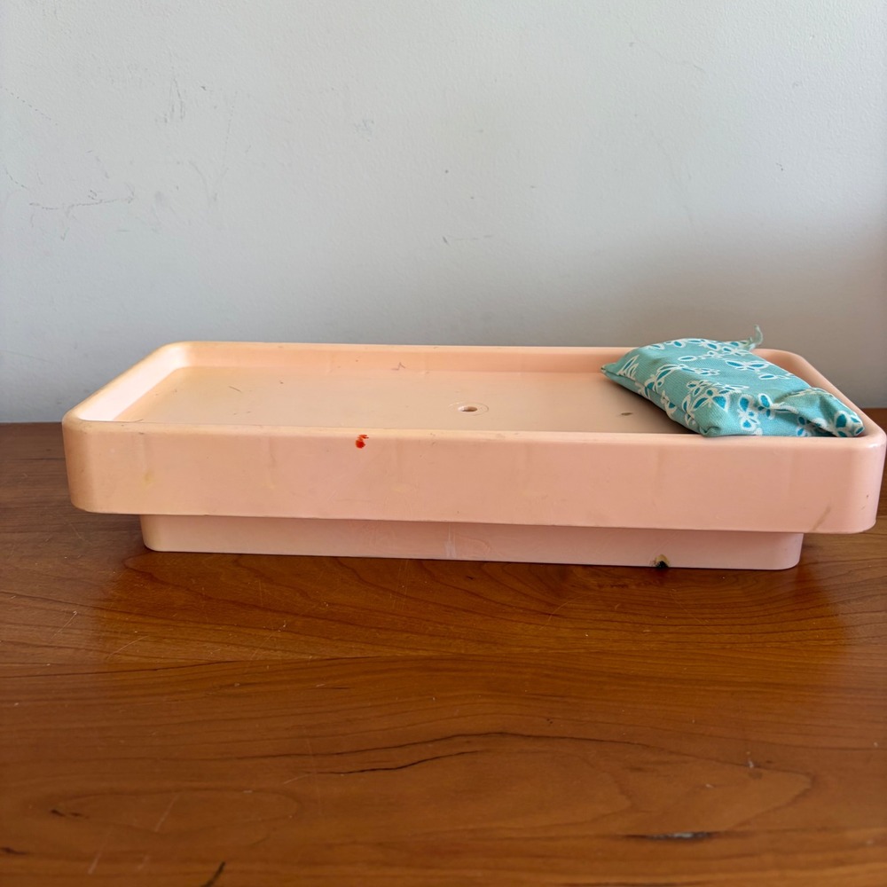 Vintage 1970s Barbie Pink Plastic Bed with Blue Butterfly Pillow Mattel